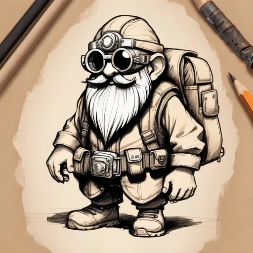 Prompt: Sketch gnome engineer, goggles, mechanical backpack, tool belt, on beige paper. World of Warcraft art, pencil detail texture.