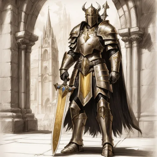 Prompt: Sketch human paladin, golden plate armor, sword and shield, cathedral backdrop, on ivory paper. World of Warcraft art, pencil detail texture.