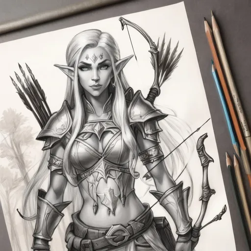 Prompt: Sketch night elf archer, long silver hair, bow and quiver, forest background, on grey parchment. World of Warcraft art, pencil detail texture.