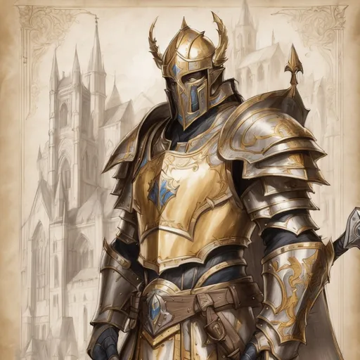 Prompt: Sketch human paladin, golden plate armor, sword and shield, cathedral backdrop, on ivory paper. World of Warcraft art, pencil detail texture.