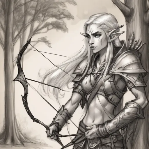 Prompt: Sketch night elf archer, long silver hair, bow and quiver, forest background, on grey parchment. World of Warcraft art, pencil detail texture.