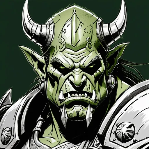 Prompt: Sketch orc warrior face, scars, tusks, heavy armor, sword, on dark green paper. World of Warcraft art, pencil detail texture.