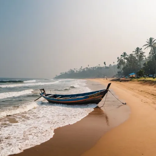 Prompt: sri lanka morning beach with boat lines and sea waves
