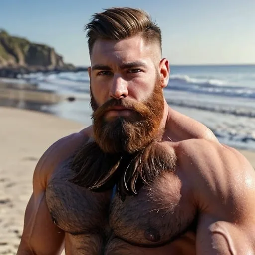 Prompt: hyper-realistic male bodybuilder with a very hairy body a beard and very short hair on the beach