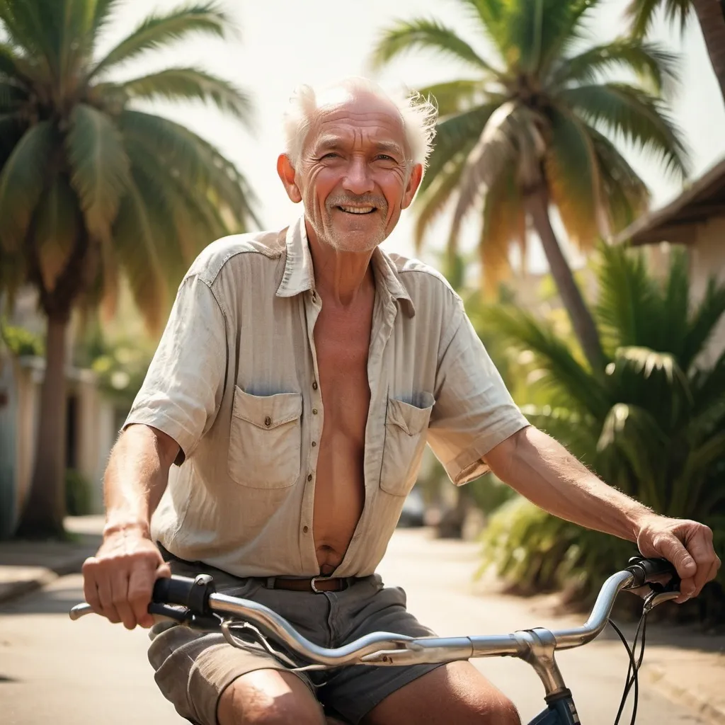 Prompt: Older man sitting on a bicycle with palm trees in the background.  He is wearing a torn shirt and looks dirty