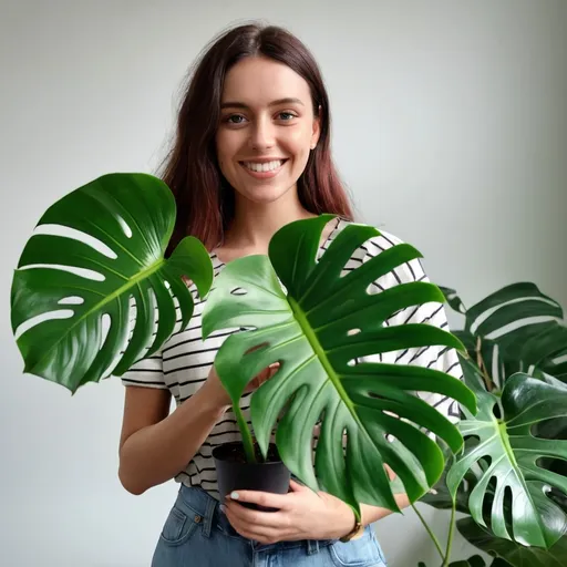 Prompt: a realistic woman holding an monstera plant used as marketing on social media post used for our online plant shop