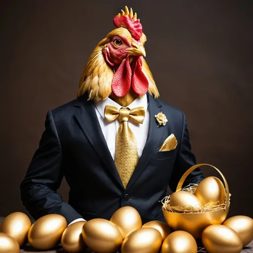 Prompt: Golden hen in a suit with gold eggs