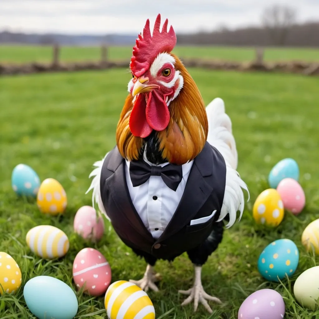 Prompt: Rooster in a colorful tuxedo with Easter eggs in a field