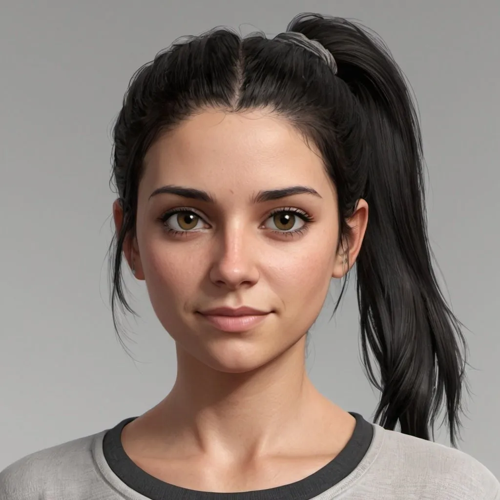 Prompt: Generate a woman who i 26 is 5,2 with black hair tied up in a scruffy ponytail. Wearing casual clothing which wouldn’t indicate that she is working. She has a laidback vibe which is easy to get along with. Has brown /hazel eyes. 