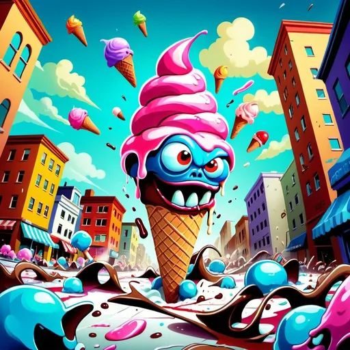 Prompt: Ice cream monster attacking city, digital illustration, chaotic scene, high quality, colorful, vibrant, dynamic, cartoonish style, bright tones, dramatic lighting, towering ice cream cone, crumbling buildings, panicked crowds, city in chaos, detailed textures, highres, action-packed, cartoon, vibrant colors, dramatic lighting