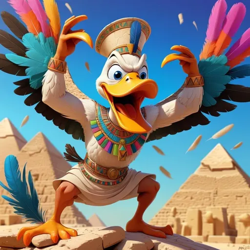Prompt: Duck man attacking Egypt, cartoon illustration, vibrant colors, comical, detailed feathers, ancient pyramids in the background, exaggerated facial expressions, high quality, cartoon, vibrant colors, comical, detailed feathers, ancient pyramids, exaggerated facial expressions, professional