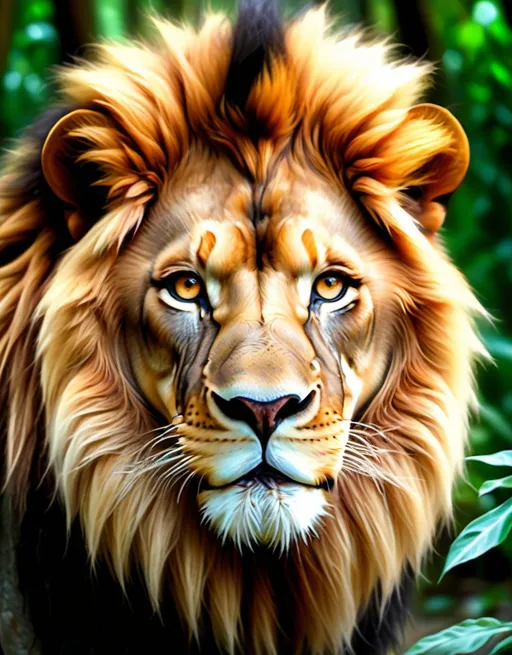 Prompt: A lion's face would be superimposed onto a human body, giving the appearance of a lion walking in the jungle. The human body would have the face of a lion, complete with its distinctive features like a mane, whiskers, and sharp eyes. This unique combination would create a striking image of a majestic lion roaming its natural habitat.