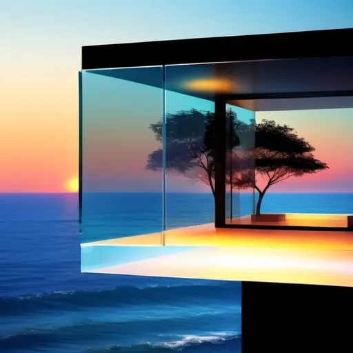 Prompt: cube shaped glass transparent cantilevered modern house above the ocean, opalescent light, abstract geometric shapes, hyperdetailed, sunset background, photorealistic, hd