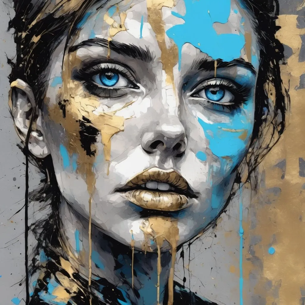 Prompt: Close up side view portrait, impasto technique, encaustic, canvas texture visible, low angle, sad blue eyes, gray gold and black accents, dripping paint, textured, grunge poster, impressionist, visible brush strokes, splashes, dynamic, painterly aesthetic