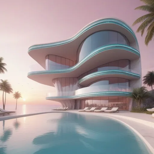 Prompt: glass and marble luxurious paradise hotel with flowy irregular facade line, by zaha hadid, situated on the ocean's coastline, pinkish sunset, beautiful white sand and turquise water background, tree palms, cinematic, 8k, photorealistic, 3d render luxurious, spacious interior, high quality, 4k, ultra-detailed, stylish, sleek, outdoor infinity pool, glass facades, picturesque surroundings, elegant landscaping, open floor plan, designer furniture,  neutral tones, high-end materials, dynamic composition, inviting atmosphere