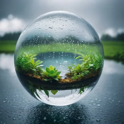 Prompt: a small rainy world inside of a water bubble