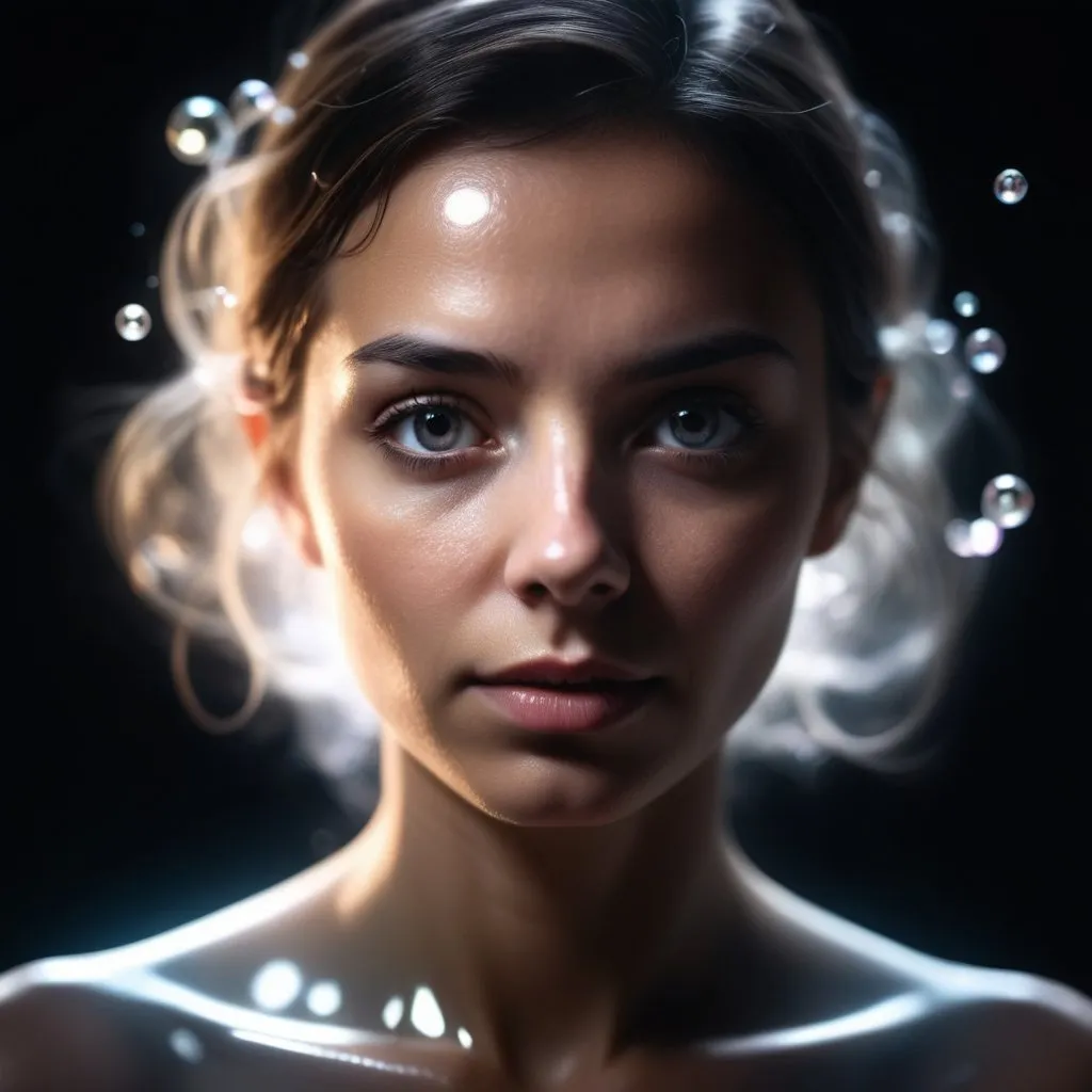 Prompt: portrait of a woman atoms in different tints, made out of translucent water, dark background, rim light, high contrast, hyperrealistic, bokeh , extremely detailed, hyper resolution