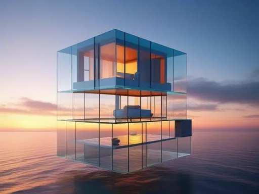 Prompt: cube shaped glass transparent cantilevered modern house above the ocean, opalescent light, abstract geometric shapes, hyperdetailed, sunset background, photorealistic, hd