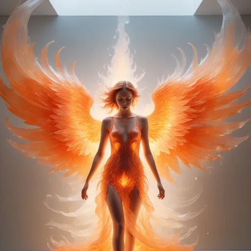 Prompt: A full_body portrait of hyperreal Transparent translucent flame-coloured glass-like flame angel disintegrating in fragmentation particles expressive breathtaking stunning