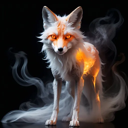 Prompt: transparent ghostly fox spirit with orange glowing eyes, made of smoke, wisps of smoke, volumetric smoke, shape of smoke,translucence, transparency, see thru, eathereal, wispy, otherwordly, hyperdetailed, perfect compsition, dark background