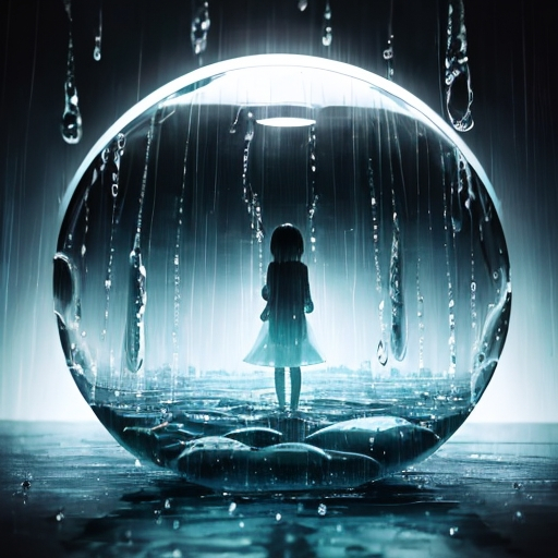 Prompt: a small rainy world inside of a water bubble