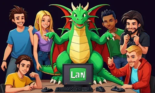Prompt: LAN party, gaming, friends, computer, cartoon, ferytale, dragon, sims, 90s poster, with text: LAN pary!
