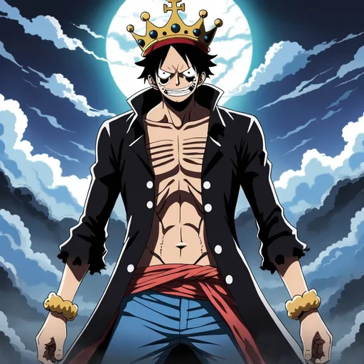 Prompt: 2d dark j horror anime style, king of the world imu from one piece anime scene