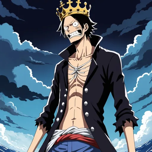 Prompt: 2d dark j horror anime style, king of the world imu from one piece anime scene