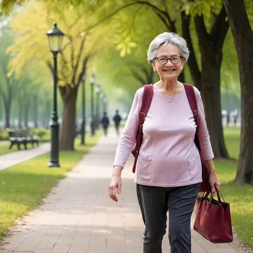 Prompt: 65 years old woman is walking in the park happily safe and sound
