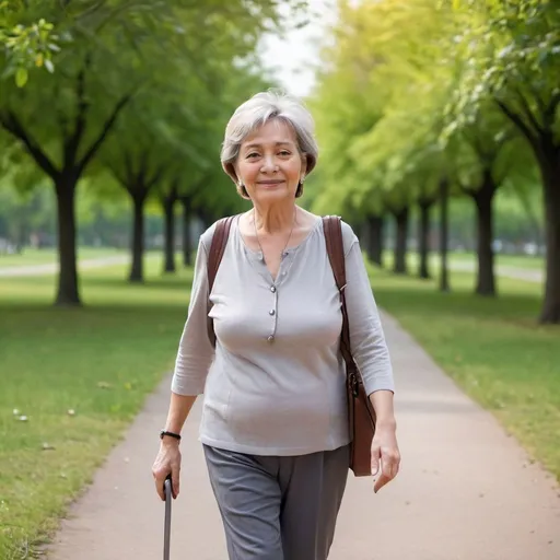 Prompt: 65 years old woman is walking in the park happily safe and sound
