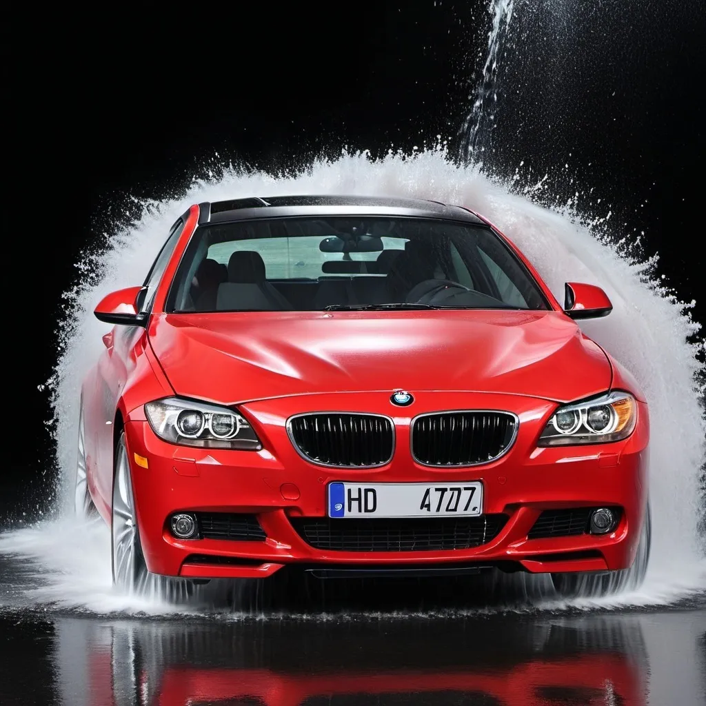 Prompt: car wash red bmw in car service, water splash above, suds, black background no man image ultra hd resolution