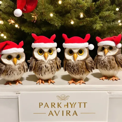 Prompt: owls celebrating christmas with a sign that says PARK HYATT AVIARA