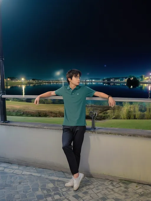 Prompt: Under a deep indigo sky, a young man leans casually against a railing, his arms outstretched, creating a relaxed pose as the ambient lights reflect off the tranquil waters of a nearby lake. His green polo shirt and black pants contrast with the vibrant hues of city lights twinkling in the distance, while the faint glow from street lamps adds warmth to the evening scene. The environment suggests a lively yet serene atmosphere, possibly during late evening, with hints of urban life captured in the blurred reflections on the water’s surface. The intricate patterns of the stone floor beneath him ground the scene, enhancing the sense of place in this engaging urban backdrop.