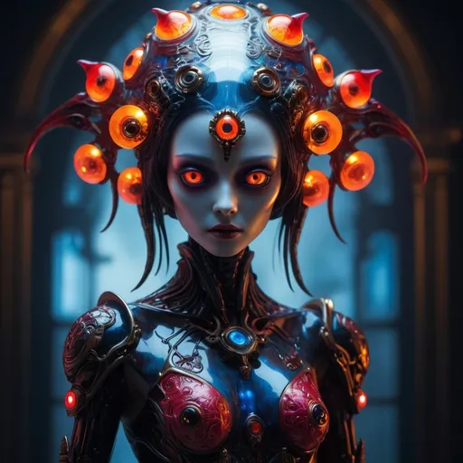 Prompt: Full length view, luminous translucent ghost glass fantasy cyberpunk gaisha with baroque floral pattern orange-red-black-gold, big eyes, soft body, emitting diodes, shadow play, top view, light, fog, moody, shiny hair, vivid, red, magenta, blue, cinematic, film light, ultra-detailed, hyper-realistic, masterpiece, atmospheric, high-res, vivid, high contrast, dark angle, koos roos art, 8k, hdr, 500px, alien mockup background, watercolor, trends on artstation, sharp focus, studio photo, intricate detail, high detail, greg rutkowski
