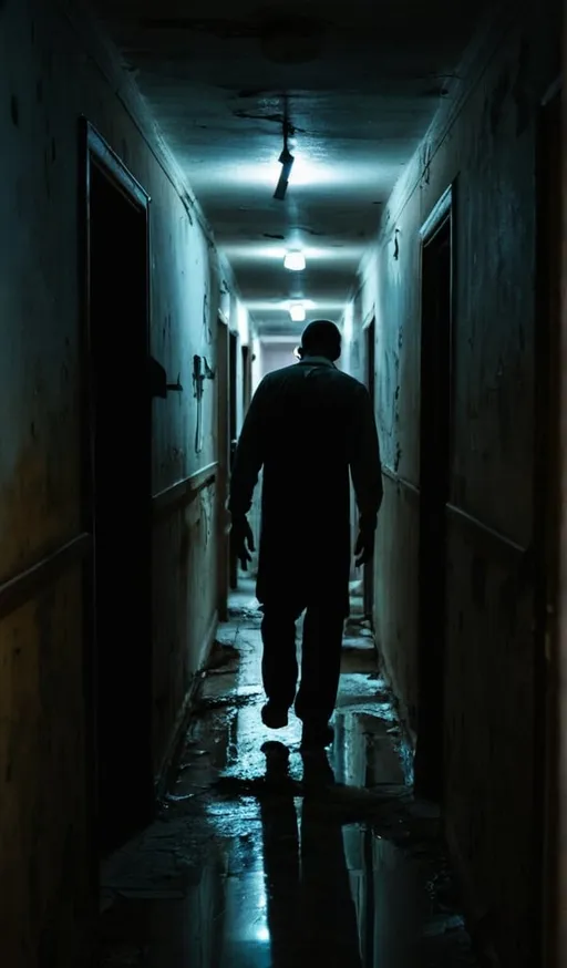 Prompt: Night, darkness, darkness of the corridors of the clinic. An artistic masterpiece. (A man walking along the dark corridor of an abandoned clinic with a kerosene lamp in his hand, the light of the lamp illuminates the path) 