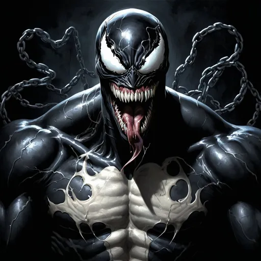 Prompt: In Casey Bowe's memorable style, Venom's gothic body is composed almost entirely of necroplasm. A substance that came from hell, Venom. His cloak is very aesthetic and deadly. The chains, cape and black suit are part of a sentient parasitic organism known as K7-Lita, a parasite from hell, which attaches itself to the nervous system of its hosts and emerges from the depths of darkness. Its essence is a fascinating mixture. mystery and horror charm. His piercing eyes radiate a mysterious presence that draws viewers into his world. Baugh's brush imbues the painting with a unique combination of realism and abstraction, highlighting Venom's subtle facial features and contrasting them against the background of deep, rich hues. The interaction of light and shadow gives the painting depth and volume, creating a hauntingly beautiful image of this Gothic painting. Bow's distinctive style captures the essence of Spawn's mysterious nature, inviting competition.
