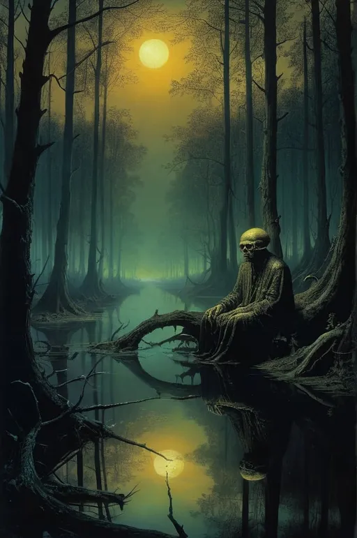 Prompt: Nocturnal reptile: Zdzisław Beksiński. 32k hires professional photography of the highest quality, Swamp, Pre-Raphaelite colors, dreamlike, surreal atmosphere, ethereal lighting, rippling water. Contemplation imbued with the Renaissance: waist-deep in water, the thoughtful, dreamy nature of Leonardo da Vinci, chiaroscuro by Rembrandt.Mystical magic in surrealism: the action takes place in a moonlit forest, the surreality of Rene Magritte’s dreams. The distorted trees and surreal creatures emerging from the shadows are reminiscent of the work of H.R. Giger, adding a dark and mysterious touch to the enchanting scene. Correct anatomy, sinister conceptsart by Artgerm and Greg Rutkowski, Andy Warhol, Heinrich Fussli, Gustave Moreau. Intricate, elegant, highly detailed digital painting, concept art, smooth, sharp focus, illustrations, in the style of Simon Stalenhag, Wayne Barlow, sharp focus, diodes, smoke, artillery, sparks, racks, system unit, motherboard,