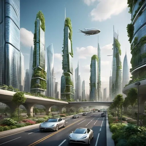 Prompt: "Imagine a bustling cityscape in the year 2050, where holographic advertisements float above futuristic skyscrapers, and sleek, self-driving vehicles glide silently along transparent highways. The skyline is dominated by towering arcologies that house entire communities, while green spaces and vertical gardens provide pockets of nature amidst the urban sprawl. Create an image that captures the essence of this technologically advanced and environmentally conscious city of the future."
