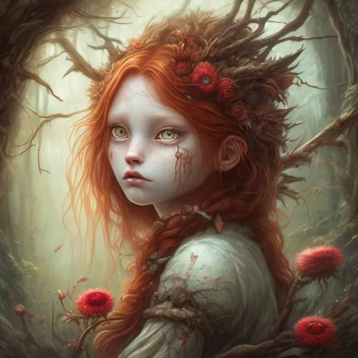 Prompt: Red-haired girl with a branch and flower growing out from her chest, spirit wolf in the woods, oil painting, detailed eyes, surreal, mystical, vibrant colors, enchanted forest setting, mystical lighting, high quality, oil painting, surreal, vibrant colors, enchanted forest, detailed eyes, mystical, spirit wolf, red-haired girl, branch and flower growing, surreal lighting