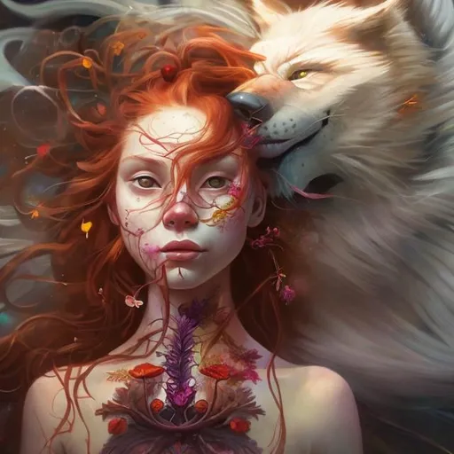 Prompt: Red-haired girl with a flower growing from her chest, vibrant colors, detailed facial features, flowing hair, ethereal lighting, high quality, oil painting, vibrant colors, detailed facial features, flowing hair, ethereal lighting, spirit wolf head resting on her shoulder