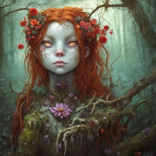 Prompt: Red-haired girl with a branch and flower growing out from her chest, spirit wolf in the woods, oil painting, detailed eyes, surreal, mystical, vibrant colors, enchanted forest setting, mystical lighting, high quality, oil painting, surreal, vibrant colors, enchanted forest, detailed eyes, mystical, spirit wolf, red-haired girl, branch and flower growing, surreal lighting