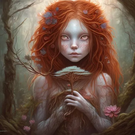 Prompt: Red-haired girl with a branch and flower growing out from her chest, spirit wolf in the woods, oil painting, detailed eyes, surreal, mystical, vibrant colors, enchanted forest setting, mystical lighting, high quality, oil painting, surreal, vibrant colors, enchanted forest, detailed eyes, mystical, spirit wolf, red-haired girl, branch and flower growing, surreal lighting