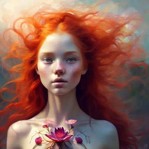 Prompt: Red-haired girl with a flower growing from her chest, vibrant colors, detailed facial features, flowing hair, ethereal lighting, high quality, oil painting, vibrant colors, detailed facial features, flowing hair, ethereal lighting