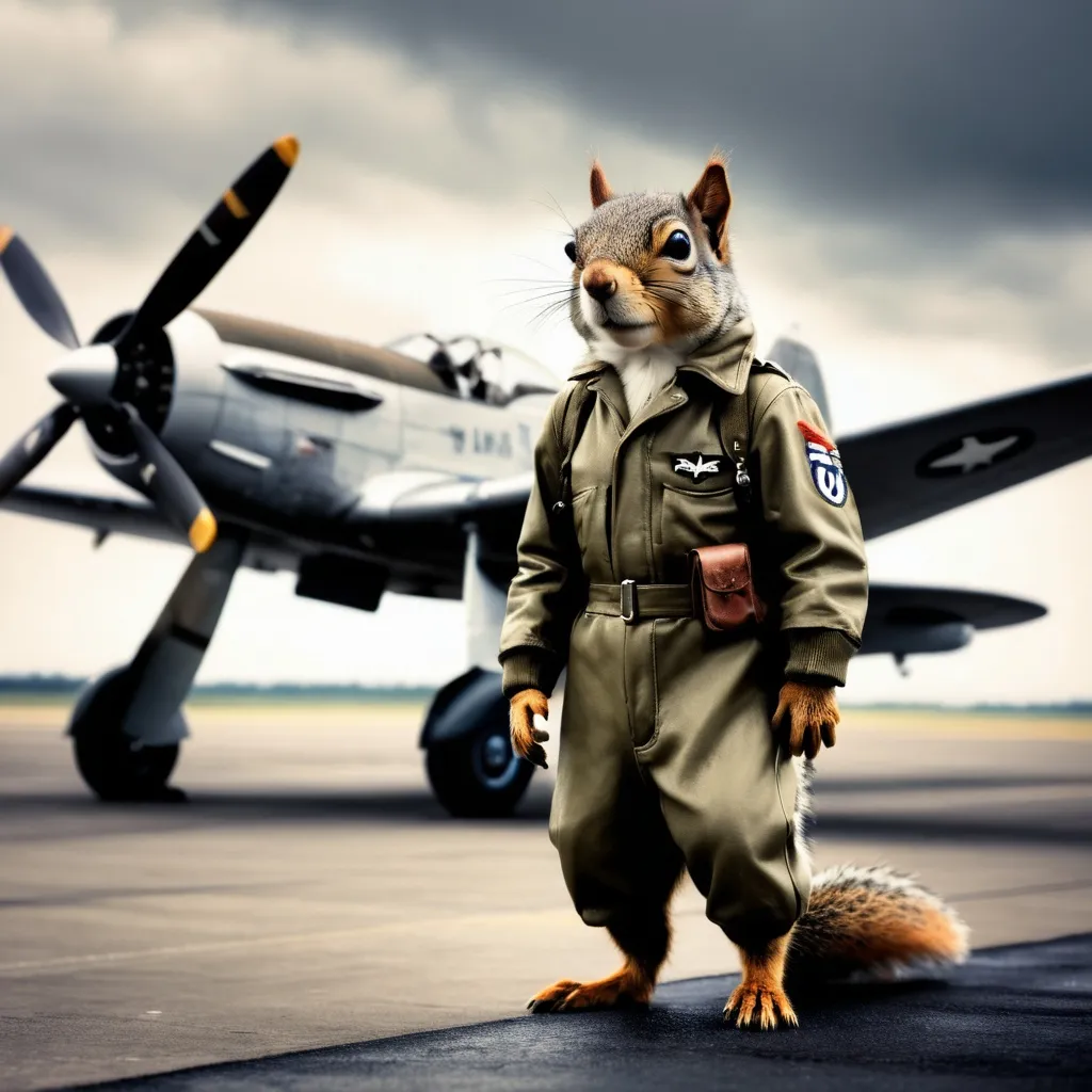 Prompt: A squirrel in American WW2 pilot uniform stands in front of a P-51 on the runway in England circa 1944.
Gritty, atmospheric, high-contrast, professional, photorealistic.