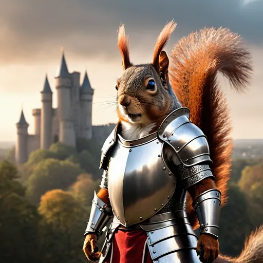 Prompt: A squirrel dressed in knightly regalia and armor stands tall, gazing out into the distant background, his back facing towards the viewer. In one hand he cradles his battered helmet to his hip (he doesn’t have a helmet on his head) and in the other hand he holds a banner attached to a lance standing straight up. His bushy tail and ears are apparent through his armor. A once-magnificent castle with thick smoke rising up from it can barely be made out far in the distance. The squirrel faces towards the castle.
Photorealistic, atmospheric lighting, sunset.