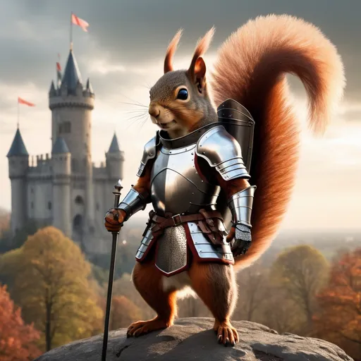 Prompt: A squirrel dressed in knightly regalia and armor stands tall, gazing out into the distant background, his back facing towards the viewer. In one hand he cradles his battered helmet to his hip (he doesn’t have a helmet on his head) and in the other hand he holds a banner attached to a lance standing straight up. His bushy tail and ears are apparent through his armor. A once-magnificent castle with thick smoke rising up from it can barely be made out far in the distance. The squirrel faces towards the castle.
Photorealistic, atmospheric lighting, sunset.