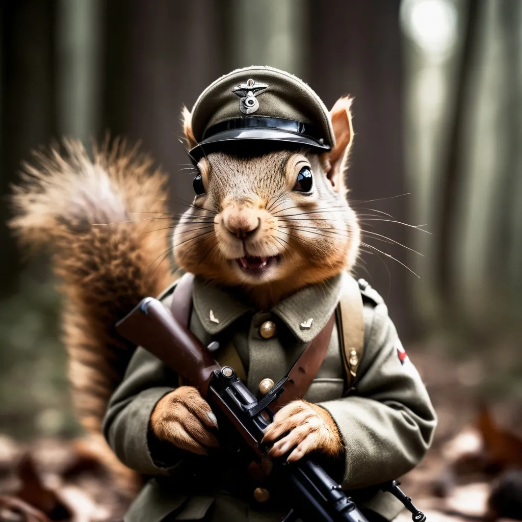 Prompt: A squirrel wearing a WW2 uniform and holding a Sten poses for the camera with the rest of his WW2 squirrel unit.
Gritty, atmospheric, high-contrast, professional, photorealistic.