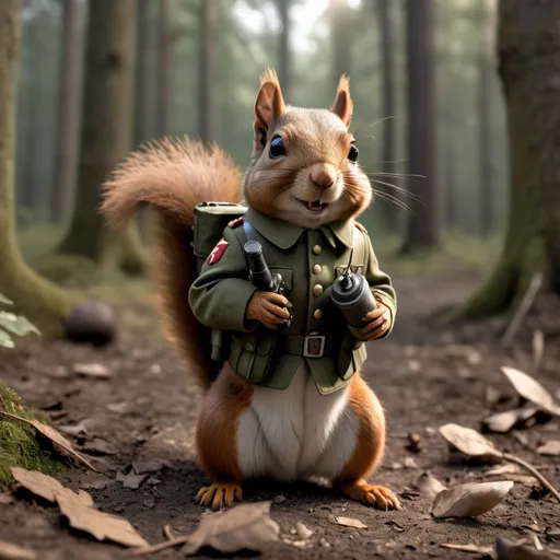 Prompt: A squirrel wearing a WW2 uniform clutches a grenade in one paw and holds an M1 Garand in its other paw. Fallen squirrel comrades litter the forrest floor in the background leading up to a concrete bunker in the distance.
Professional, photorealistic, atmospheric lighting, 8k HDR