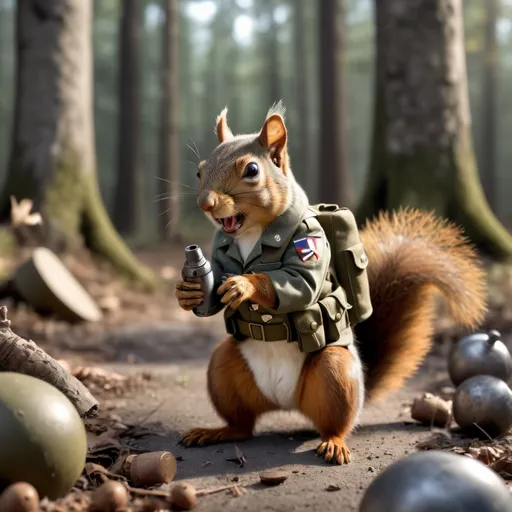 Prompt: A squirrel wearing a WW2 uniform clutches a grenade in one paw and holds an M1 Garand in its other paw. Fallen squirrel comrades litter the forrest floor in the background leading up to a concrete bunker in the distance.
Professional, photorealistic, atmospheric lighting, 8k HDR