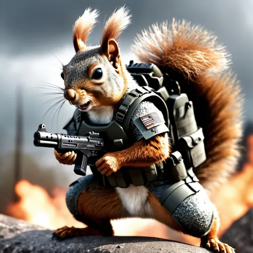 Prompt: A professional photorealistic image of a battle-hardened squirrel with one cloudy eye. The squirrel is wearing ballistic armor and carries a weapon. Fires rage in the distance. Atmospheric, strong contrast, 8k hdr detailed.